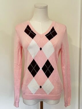 IZOD Pink Argyle V-Neck Sweater Preppy Coquette Tenniscore golf XS
